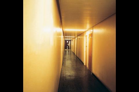 Flats in both estates are reached by narrow, artificially lit corridors: this one is in York Way estate